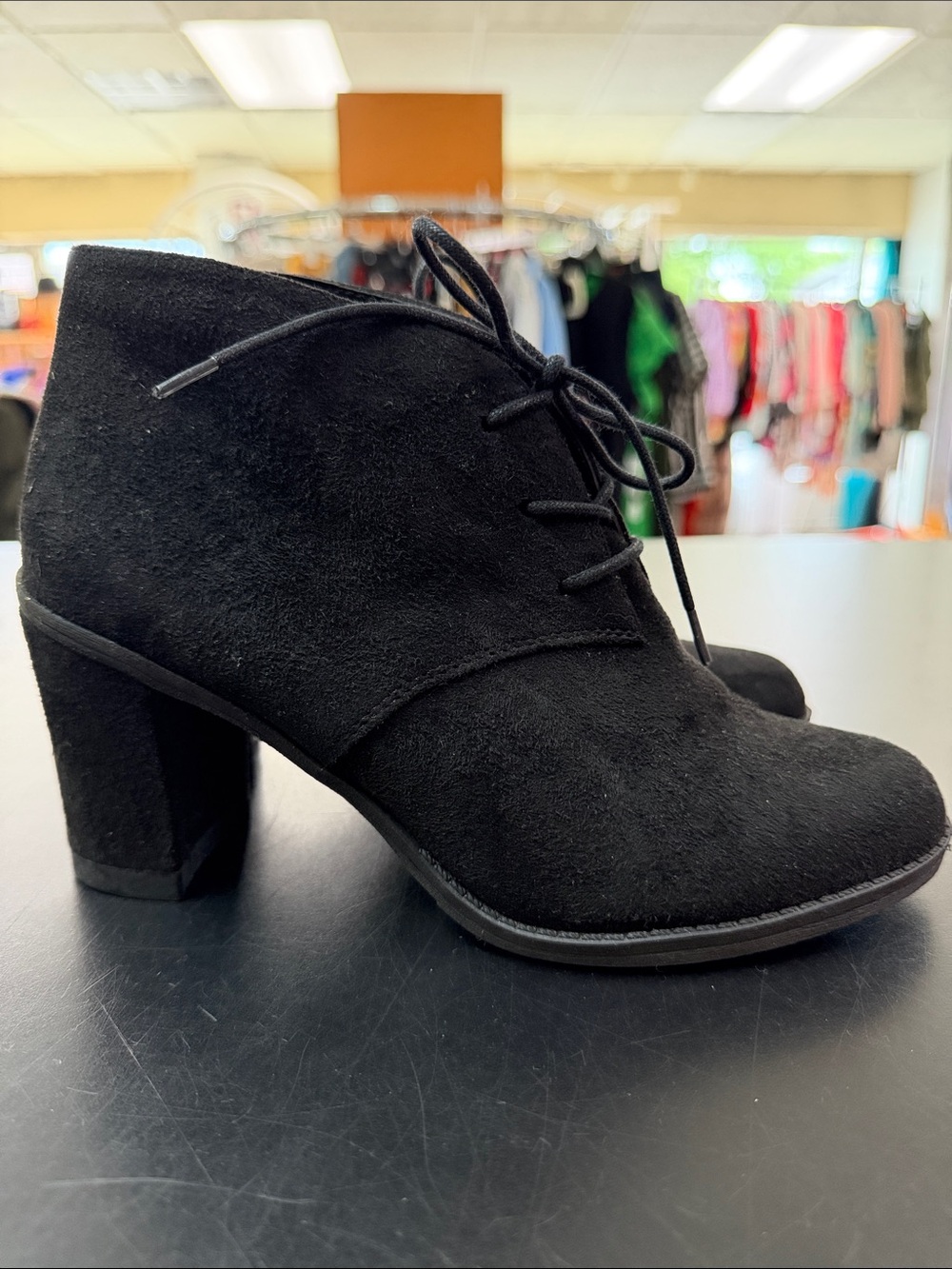 Dr. Scholl's Black Suede Lace-Up Block Heel Booties